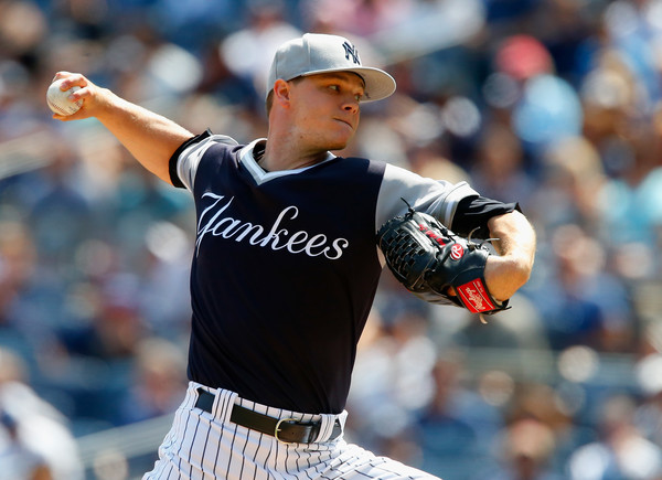 Sonny Gray #55 of the New York Yankees pitches in the first inning against the Seattle Mariners at Yankee Stadium on August 26, 2017 in the Bronx borough of New York City.
